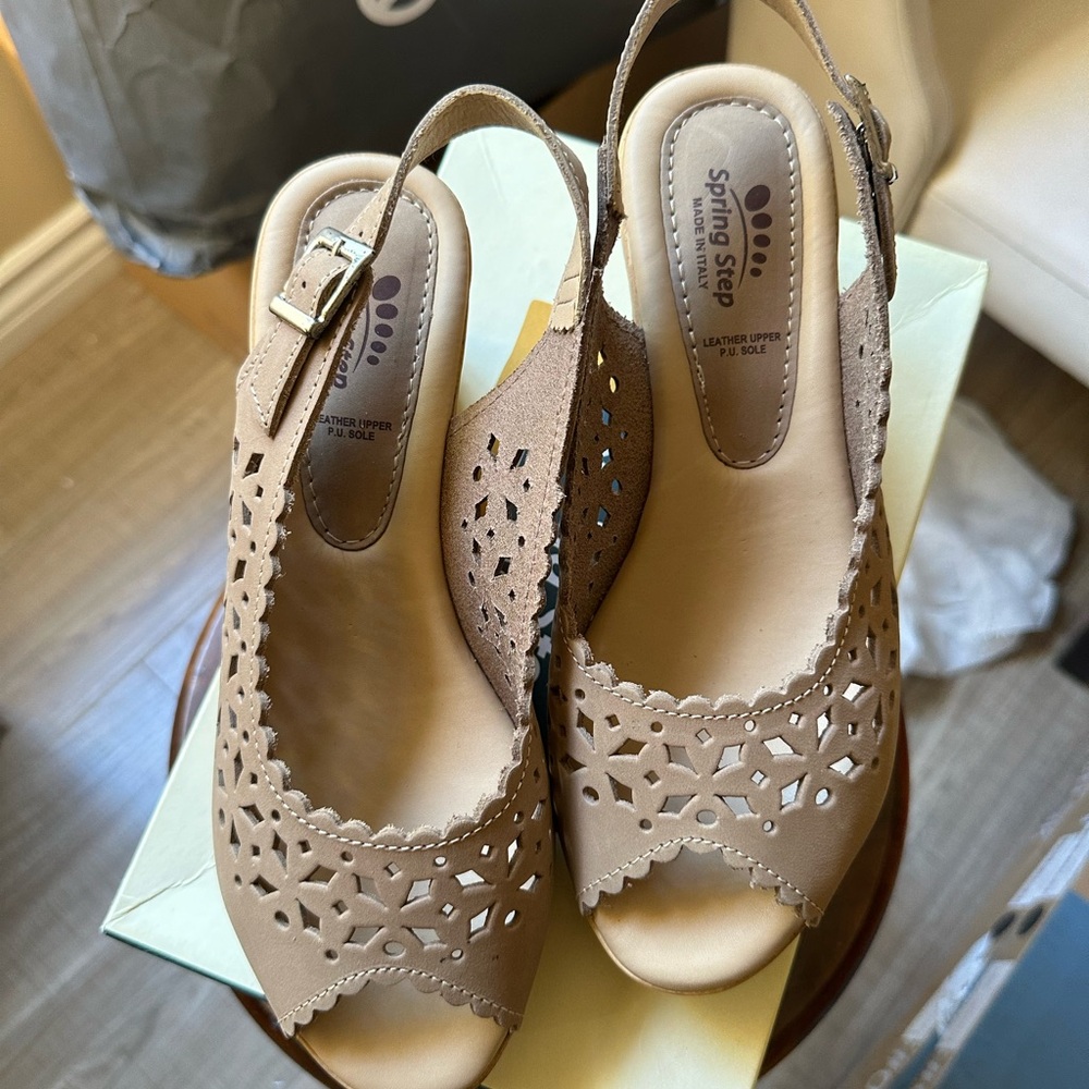 Made in Italy. Leather. Spring Step Women's Beige Cutout Sandals.